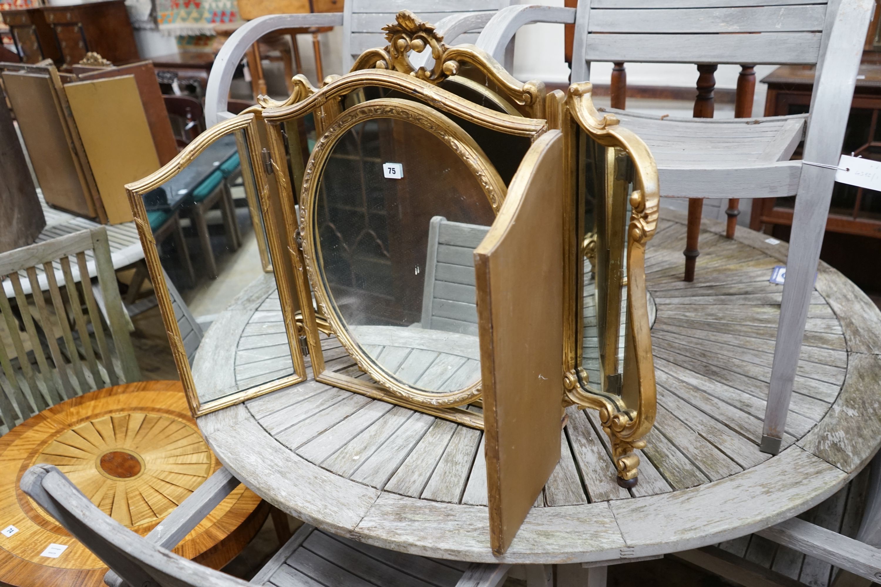 Two gilt framed triple dressing table mirrors, larger height 70cm